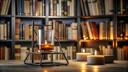 Whiskey glass on a minimalist metal stand, surrounded by candles and books, metal stand, decorative item