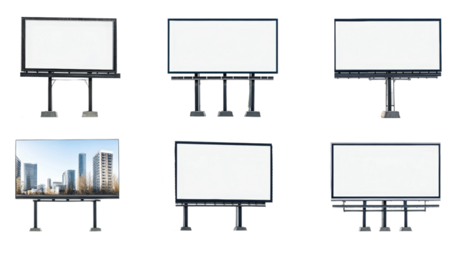 Digital billboards displaying advertisements in urban cityscape isolated on transparent background