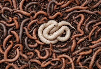 Obraz premium White background with earthworms in compost pile, worms, nature