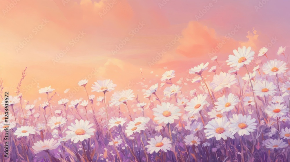 Aufkleber dreamy field filled with daisies under a sunset sky creating a serene atmosphere