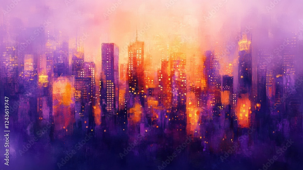 Poster dreamy cityscape bokeh at dusk with warm orange and purple tones creating a vibrant atmosphere