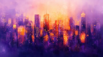 Obraz premium Dreamy cityscape bokeh at dusk with warm orange and purple tones creating a vibrant atmosphere