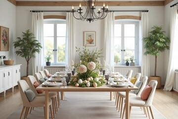 An elegant dining room is adorned with a stunning Easter table centerpiece made of flowers, eggs, and candles. The backdrop features colorful table linens. Scandinavian Interior Style.