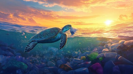 Obraz premium sea turtle swimming in the ocean with a plastic bag in its mouth. The sea turtle is surrounded by a large amount of discarded plastic bottles and other garbage