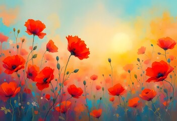 Fototapeta premium Vibrant Red Poppies Bloom Under a Warm Summer Sky at Sunset
