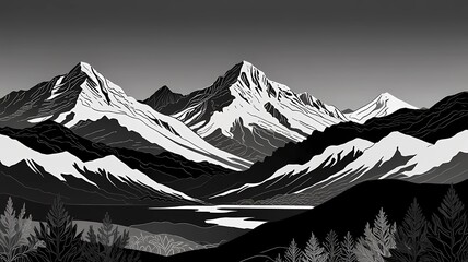 Black and white mountain line arts wallpaper, luxury landscape background design for cover, invitation background, packaging design, fabric, and print.