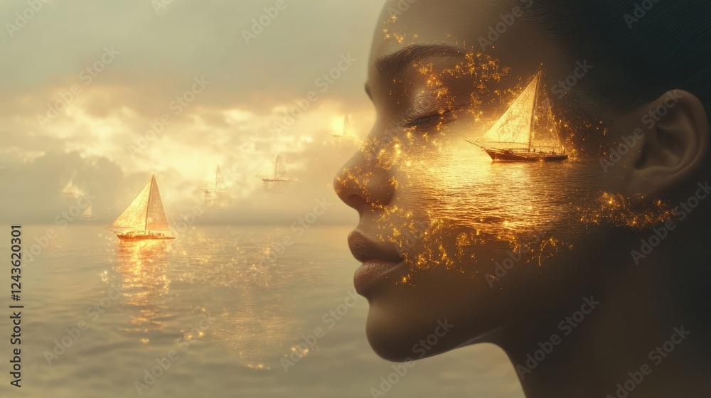 Poster conceptual visualization of a woman's face blended with serene sailing boats at sunset over calm wat