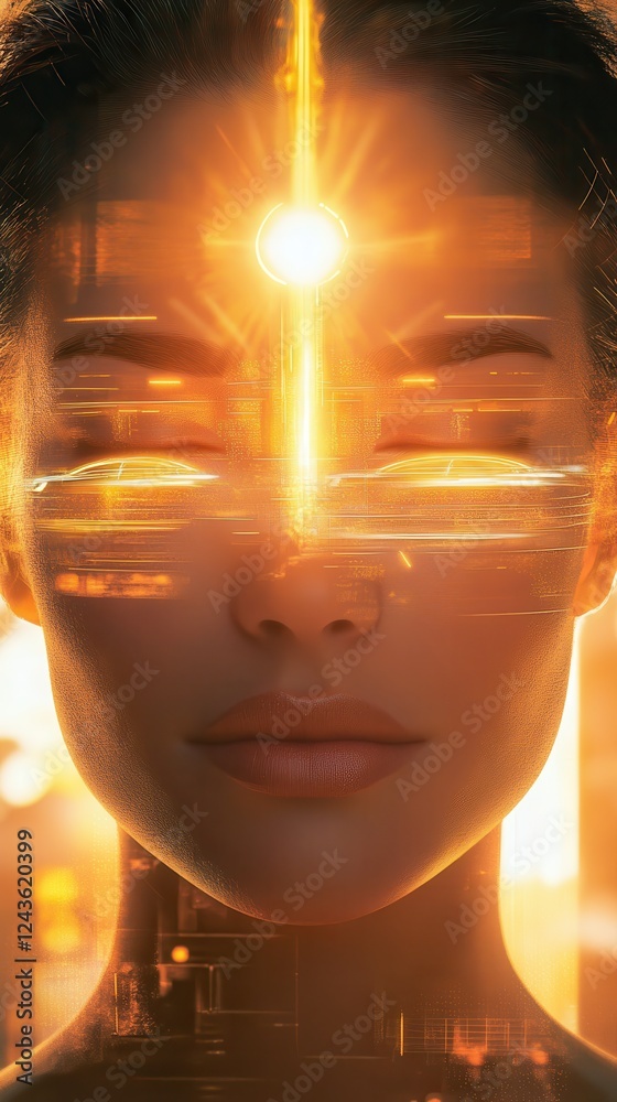 Leinwandbilder conceptual representation of a woman's face surrounded by luminous elements in a futuristic setting