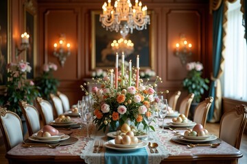 An elegant dining room is adorned with a stunning Easter table centerpiece made of flowers, eggs, and candles. The backdrop features colorful table linens. Classical Interior Style.
