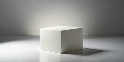 A simple white cube sits on a plain white surface, illuminated by a soft light