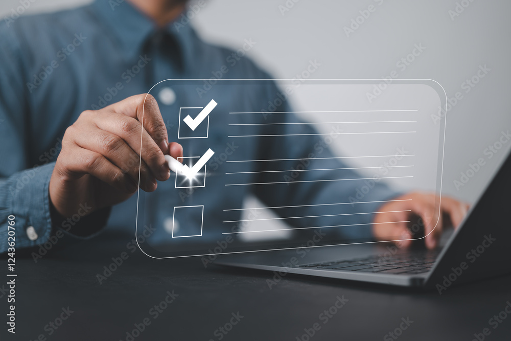 Poster Questions of test. Survey form concept. Education futuristic technology and learning concept. Questionnaire with checkboxes, filling survey form online, answer