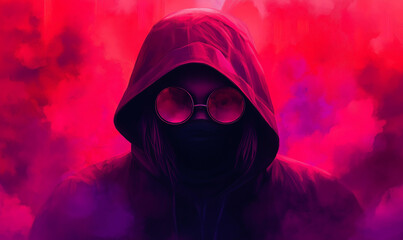 Person in a Black Hoodie Surrounded by Red and Violet Lights, Creating a Bold and Enigmatic Vibe