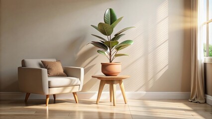 Serene living room armchair, side table, and potted plant bathed in sunlight