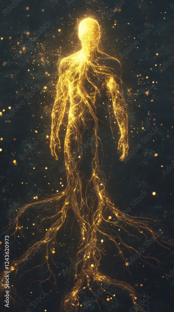 Aufkleber conceptual representation of a glowing man emanating energy in a dark cosmic environment