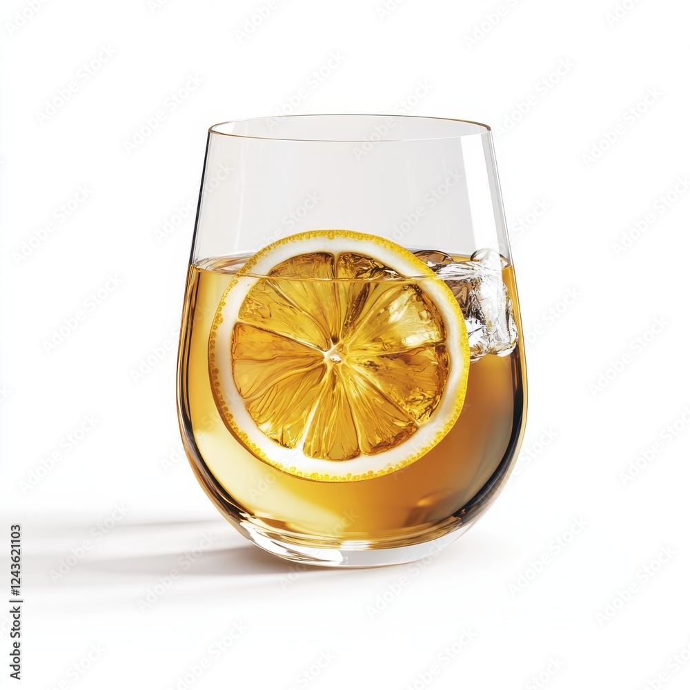 Poster refreshing iced tea garnished with a lemon slice in a clear glass on a bright surface