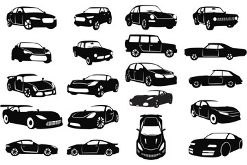 A high-quality vector illustration set featuring multiple car designs in various styles and angles. Perfect for automotive-related graphics, posters, advertisements, and digital projects.