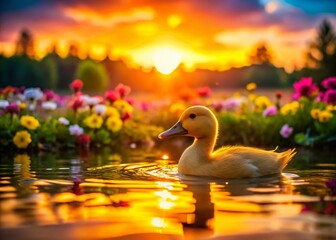 Silhouette of Cute Yellow Duck Swimming in Flower-Filled Pond at Sunset