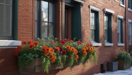 Window box filled with winter flowers and greenery against a backdrop of row houses, winter gardening, north sea coast