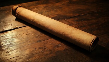 Ancient Rolled Parchment Rests On Wooden Table