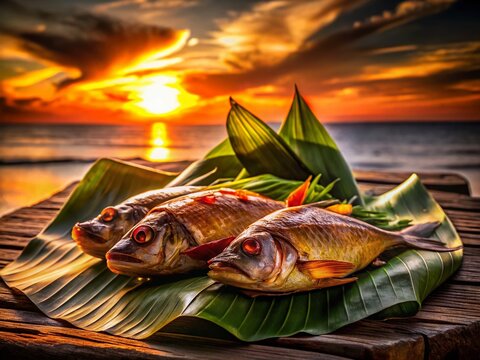 Silhouette of Grilled Ruby Fish & Leaf-Wrapped Food at Sunset