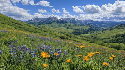 Fototapeta premium Breathtaking view of green mountains and wildflowers in a lush valley under a clear blue sky