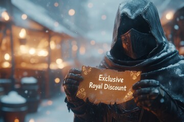 A candlelit medieval marketplace where a cloaked figure presents a golden parchment labeled â€œExclusive Royal Discountâ€