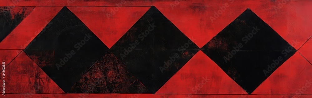 Poster bold geometric design featuring large black diamonds on a striking red background in a modern art se