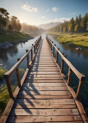 Fototapeta premium Wooden bridge crossing over a serene landscape , serenity, greenery