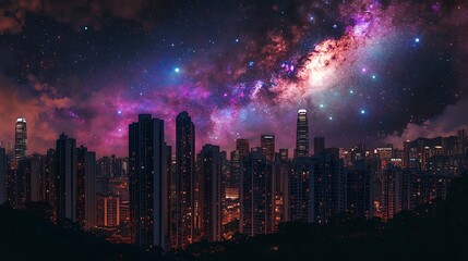 Fototapeta premium A holographic representation of the Milky Way galaxy appearing above a city's skyline 