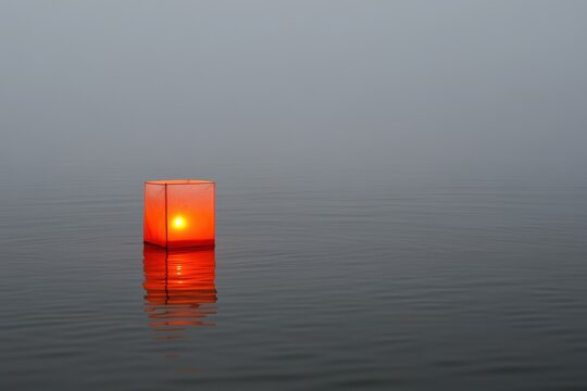 Serenity of a Lantern Floating on Calm Water in Foggy Atmosphere