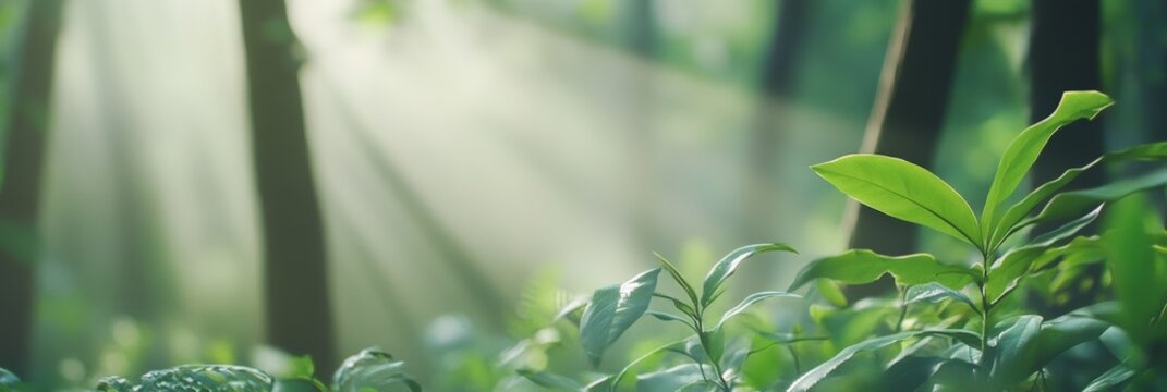 Beams of sunlight penetrate the canopy of a lush forest, illuminating the vibrant green leaves of the undergrowth, creating a serene and magical atmosphere