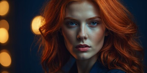 Naklejka premium Striking portrait of a young woman with fiery red hair illuminated by soft lights in a dimly lit studio setting