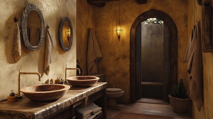 Warm and inviting bathroom with textured plaster walls and natural decor creates a cozy retreat