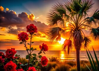 Silhouette of Palmetto Roses at Sunset, Dramatic Backlit Floral Photography