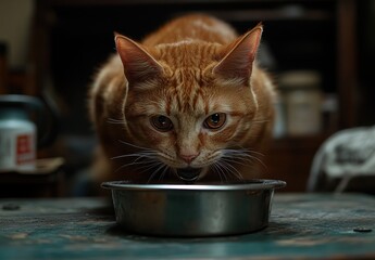 Curious Orange Cat Approaches Bowl of Food in Dimly Lit Room with Wood Table and Subtle Background Elements