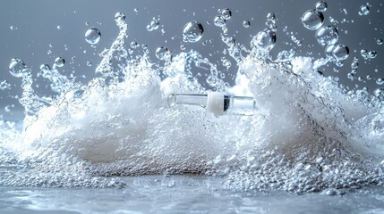 Naklejka premium Close-up of a pipette dispensing face serum or essential oil, with oxygen aqua bubbles floating around on a grey color background, highlighting the purity and freshness of the product.