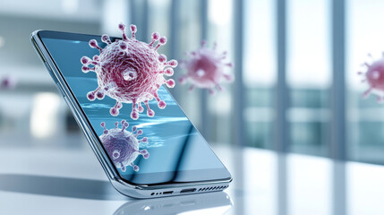 smartphone with digital representation of red bacteria on screen, symbolizing virus or malware threat in modern office setting