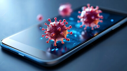 smartphone screen displays digital renderings of red bacteria, symbolizing technology and health concerns