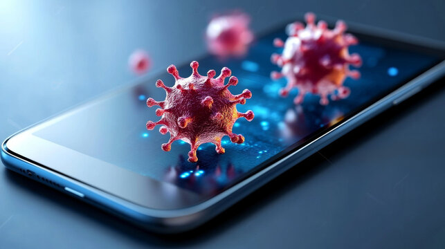 smartphone screen displays digital renderings of red bacteria, symbolizing technology and health concerns