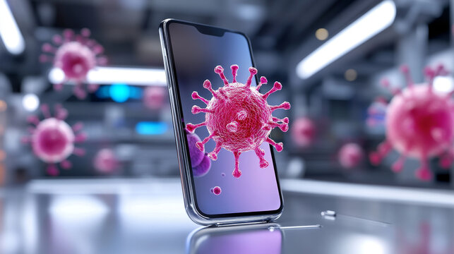 smartphone displays digital representation of red bacteria in futuristic setting, highlighting concept of technology and microbiology