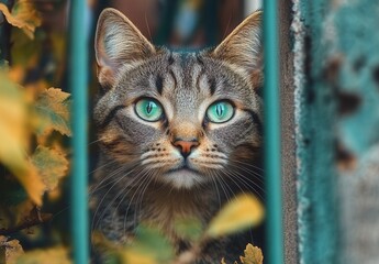Curious Tabby Cat with Striking Green Eyes Staring Through a Green Fence Surrounded by Leaves in Autumn Colors