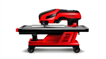 Naklejka premium Precision Cutting Machine - High-tech red cutting machine on a white background, perfect for industrial or technology related projects.