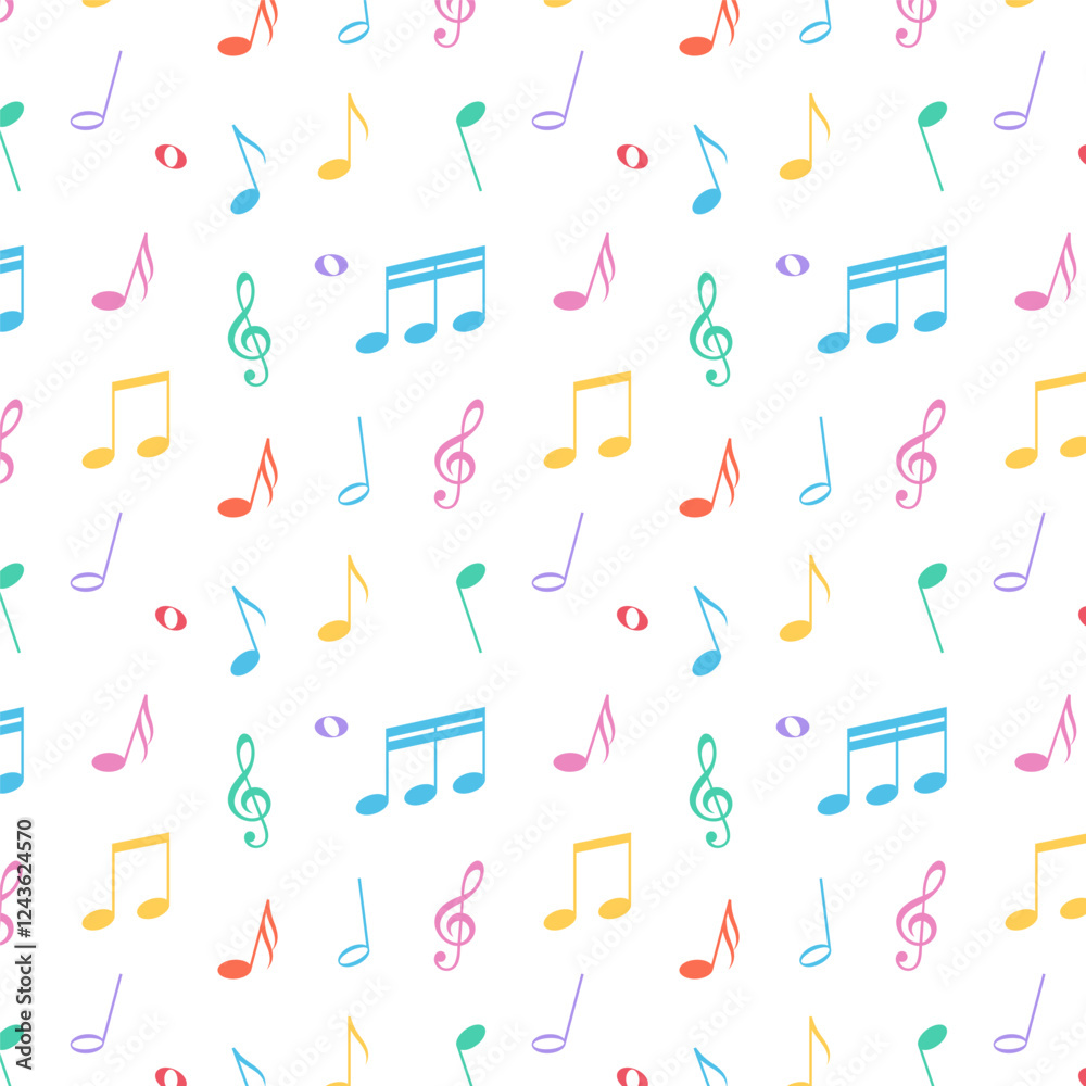 Sticker colorful music notes seamless pattern.repeat pattern with musical note isolated on white background.