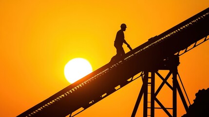 Silhouette of a Worker on a Conveyor Belt Against a Vibrant Sunset in an Industrial Setting