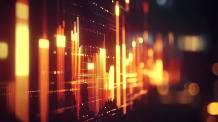Fototapeta premium Glowing Digital Bar Graph Symbolizing Market Trends on Blurred Office Background