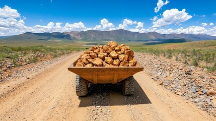 Rusty Dump Truck Hauling Rocks on a Dirt Road Against a Mountainous