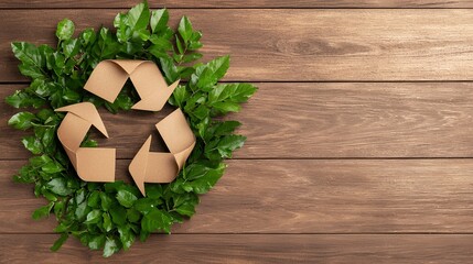 Recycle Symbol with Green Leaves on Brown Wooden Background