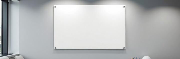 White blank poster on a modern office wall with a few scattered office supplies like pens and sticky notes in the background, neutral color palette, modern office decor