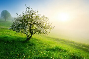 Obraz premium Blooming Tree in Misty Morning Light on Verdant Spring Meadow