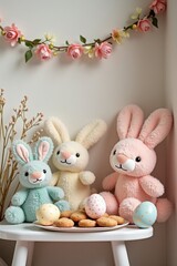 A whimsical Easter children's corner features stuffed bunnies and lambs, colorful eggs, and delicious bunny-shaped cookies on a small table.
